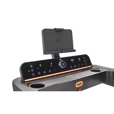 Painel de controlo digital preto com suporte para tablet e botões luminosos