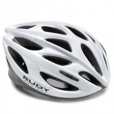 Capacete de bicicleta branco com aberturas e texto RUDY PROJECT