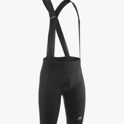 Calções de ciclismo pretos com alças e logótipo Assos.