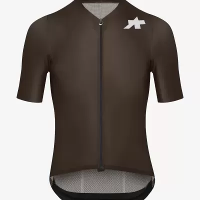 Camisola de ciclismo castanha de manga curta com fecho e logótipo branco