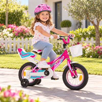 Bicicleta infantil rosa com rodinhas de apoio e cesto branco exterior com flores e vedação branca