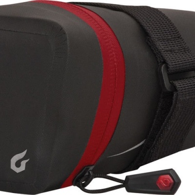 Bolsa para selim de bicicleta preta com detalhes vermelhos e fita preta