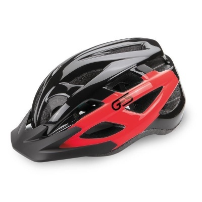 Capacete de bicicleta preto e vermelho com ventilação e texto GS