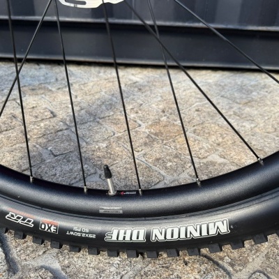 Roda de bicicleta com aro e pneus pretos e textos no pneu MINNION DHF
