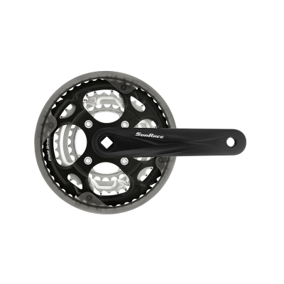 Pedaleira de bicicleta preta e prateada com logo SunRace