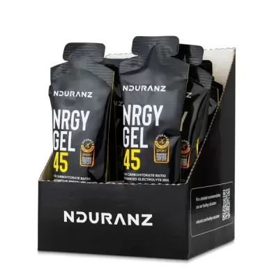 Pacote de seis géis energéticos NDURANZ NRGY GEL 45 em embalagens pretas com texto branco e amarelo