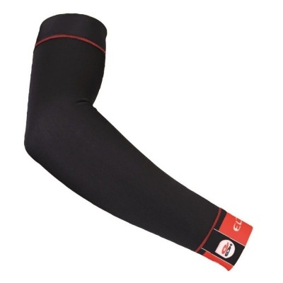 Manga de braço preta com punho vermelho e detalhes em branco e preto