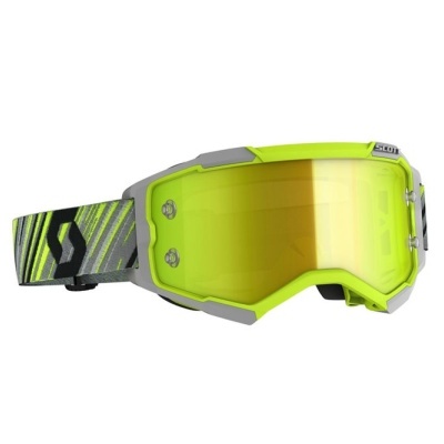 Óculos de proteção verde-limão com lente espelhada amarela e cinta elástica preta e verde.