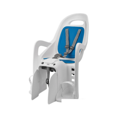 Cadeira de criança para bicicleta branca com almofada azul e cintos de segurança