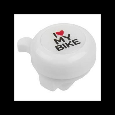 Campainha branca para bicicleta com texto 'I ♥ MY BIKE'