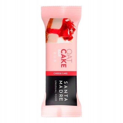 Embalagem rosa de bolo cheesecake Santa Madre com faixa preta e imagem do bolo na embalagem