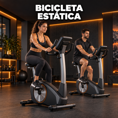 Duas pessoas a usar bicicletas estáticas modernas numa sala de ginásio escura com luzes quentes