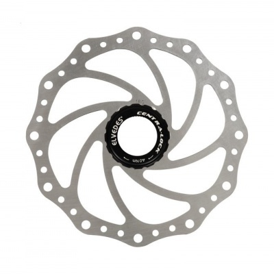Disco de travão de metal cinza com centro preto e texto branco, padrão curvo e orifícios na borda