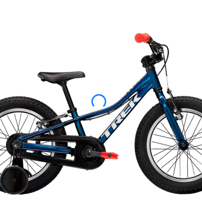 Bicicleta infantil azul metálico TREK com rodas de treino e pneus largos