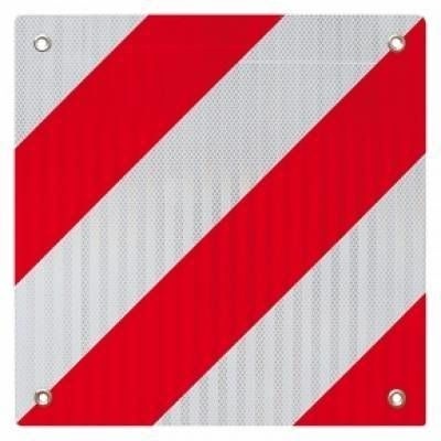 Placa refletora de segurança quadrada com faixas vermelhas diagonais.