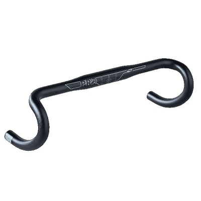 Guiador de bicicleta preto com texto e gráficos brancos