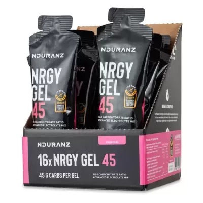 Pacotes pretos de gel energético NDURANZ NRGY GEL 45 em caixa preta com detalhes rosa