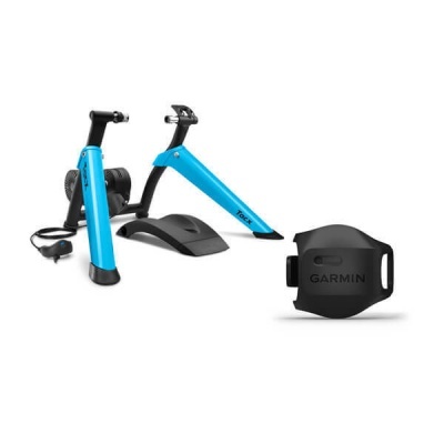 Suporte de treino para bicicleta azul e preto com dispositivo preto Garmin