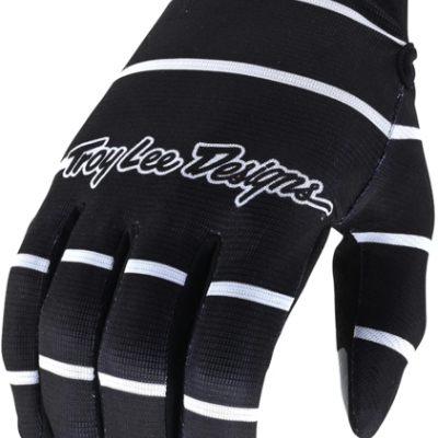 Luva desportiva preta com riscas brancas e texto Troy Lee Designs