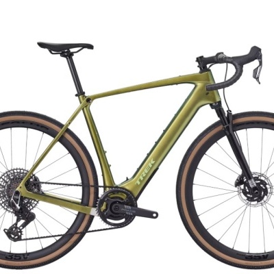 Bicicleta verde-oliva com pneus castanho claro em fundo branco