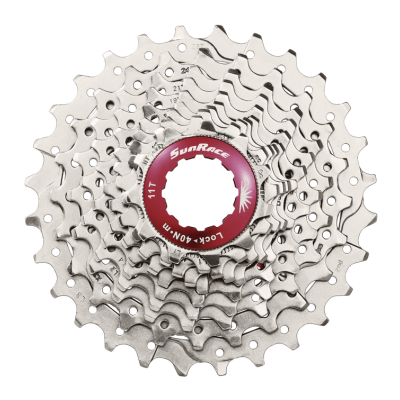 cassete de bicicleta SunRace prateada com anel central vermelho