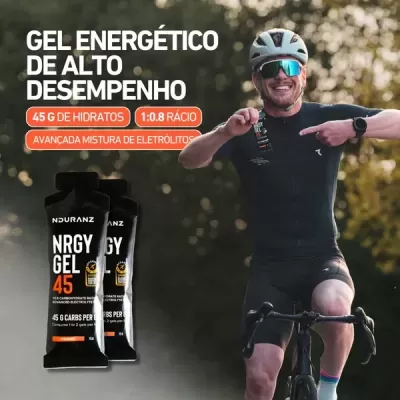 Gel energético NDURANZ NRGY GEL 45 e ciclista de capacete e óculos