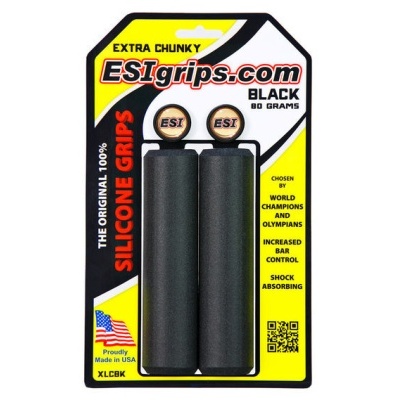 Grips de silicone pretos para bicicleta em embalagem amarela e preta com texto e bandeira dos EUA