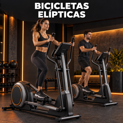Dois adultos a usar bicicletas elípticas pretas e cinza com detalhes laranja em ginásio moderno