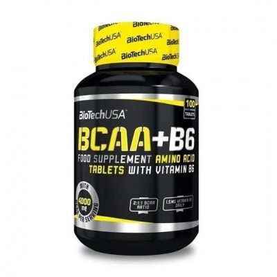 Frasco preto de suplemento BCAA+B6 com rótulo amarelo e preto