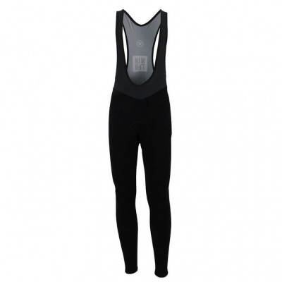 Calças de ciclismo pretas compridas com alças largas e texto nas alças