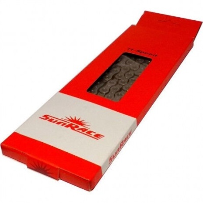 Caixa vermelha e branca com corrente de bicicleta SUNRACE