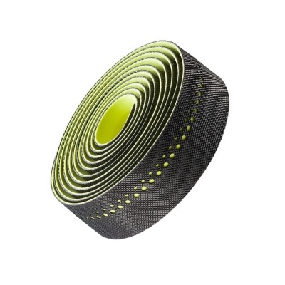 Rolo de fita para guiador de bicicleta preta com parte interna amarela e padrão perfurado