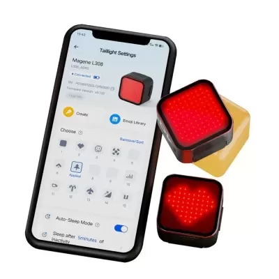 smartphone com aplicação e duas luzes traseiras LED vermelhas quadradas