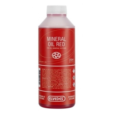 Frasco vermelho e branco de óleo mineral ELVEDES de 250ml com rótulo vermelho