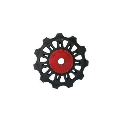 Roda de guia preta para bicicleta com centro vermelho e texto SUNRACE