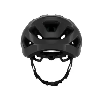 Capacete de bicicleta preto com aberturas de ventilação e correias ajustáveis