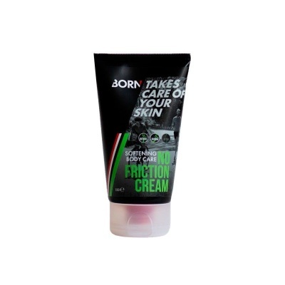 Embalagem preta de creme corporal 'No Friction Cream' com tampa translúcida e textos em branco e verde.