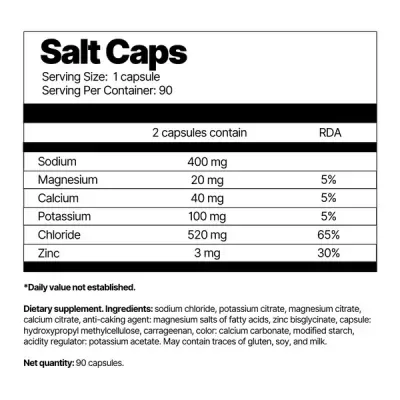 Etiqueta de suplemento Salt Caps com informações nutricionais e ingredientes