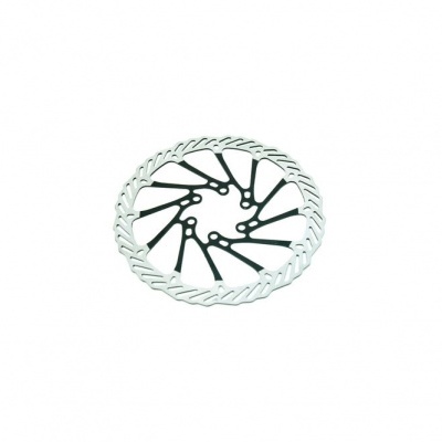 Disco de travão para bicicleta em metal, prateado e preto, sobre fundo branco