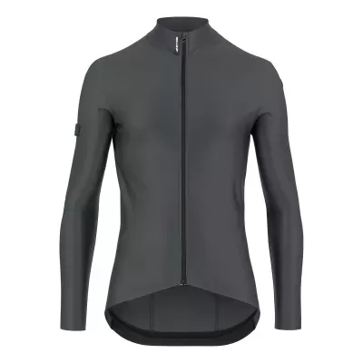 Camisola de ciclismo cinzenta de mangas longas com fecho preto e gola curta