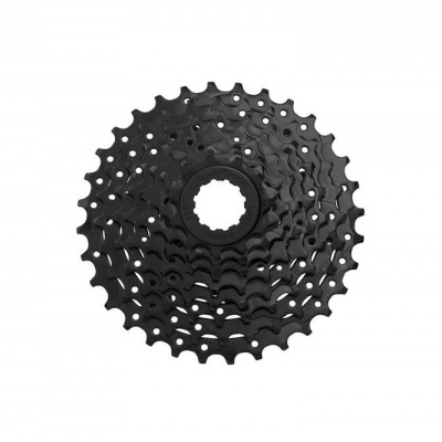 Cassete preto de bicicleta com múltiplos pinhões