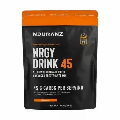 Embalagem preta e laranja de bebida energética em pó NRGY DRINK 45.
