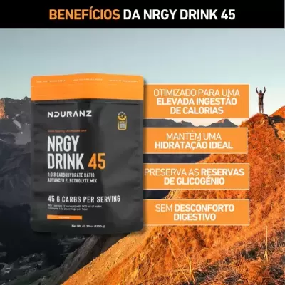Pacote NRGY DRINK 45 preto e laranja com texto promocional montanhismo ao fundo