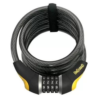 Cadeado para bicicleta com combinação numérica e cabo preto com revestimento plástico