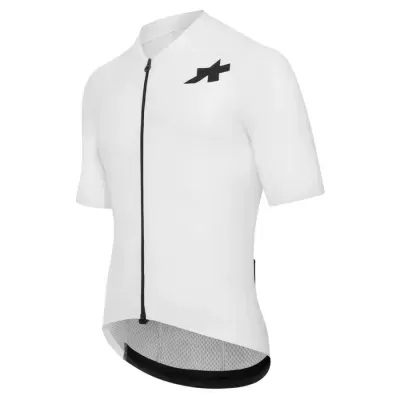 Camisola branca de ciclismo com fecho preto e logótipo no peito