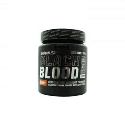 Frasco preto de suplemento Black Blood da BioTechUSA com texto no rótulo