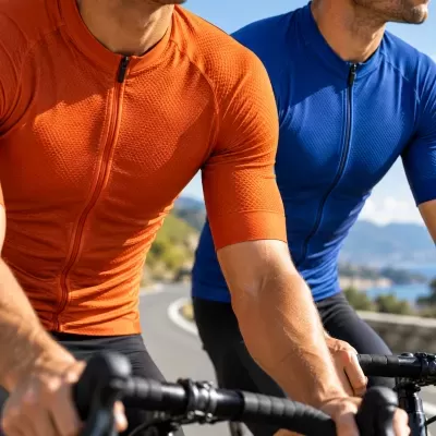 Dois homens com camisolas de ciclismo laranja e azul a andar de bicicleta numa estrada montanhosa
