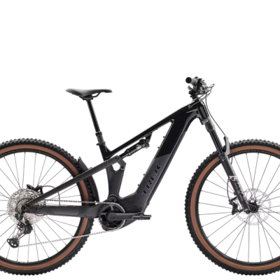 bicicleta elétrica de montanha preta com pneus castanhos e suspensão