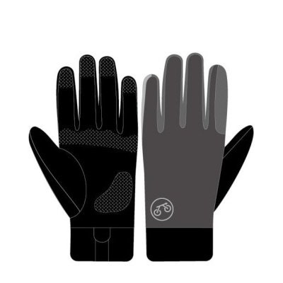 Luva de ciclismo preta e cinzenta com padrão antiderrapante nas palmas