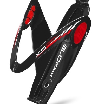 Suporte de garrafa para bicicleta preto com texto XS RACE ONE